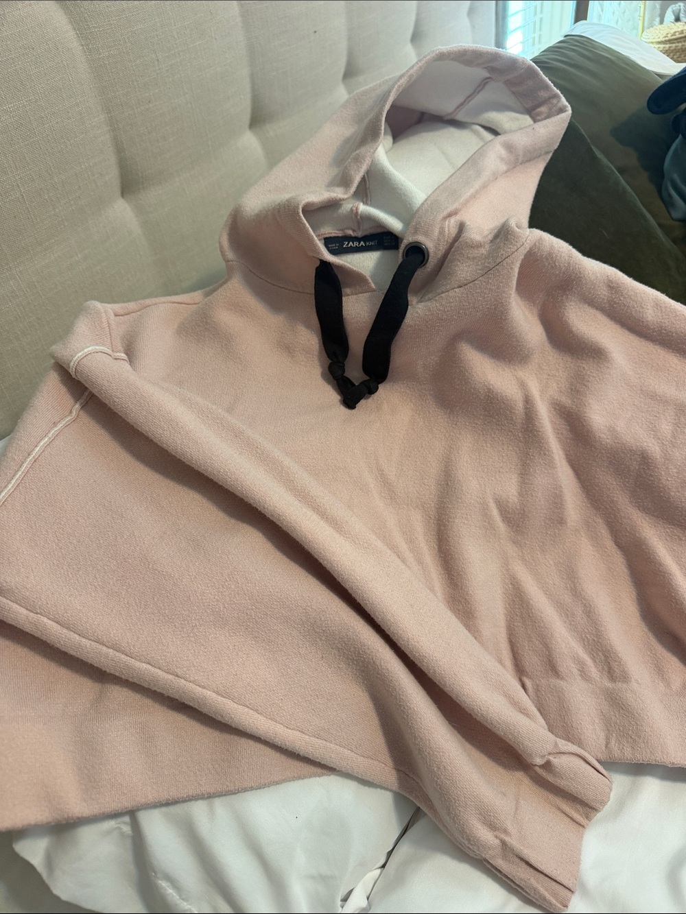 Zara Light Pink Hooded Cropped Sweatshirt with Black Drawstrings